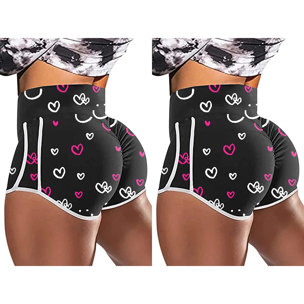 

Womens Sports Athletic Gym Workout Shorts Ladies Summer Heart Printed High Waist Running Gym Yoga Hot Pants Active Wear Bottoms