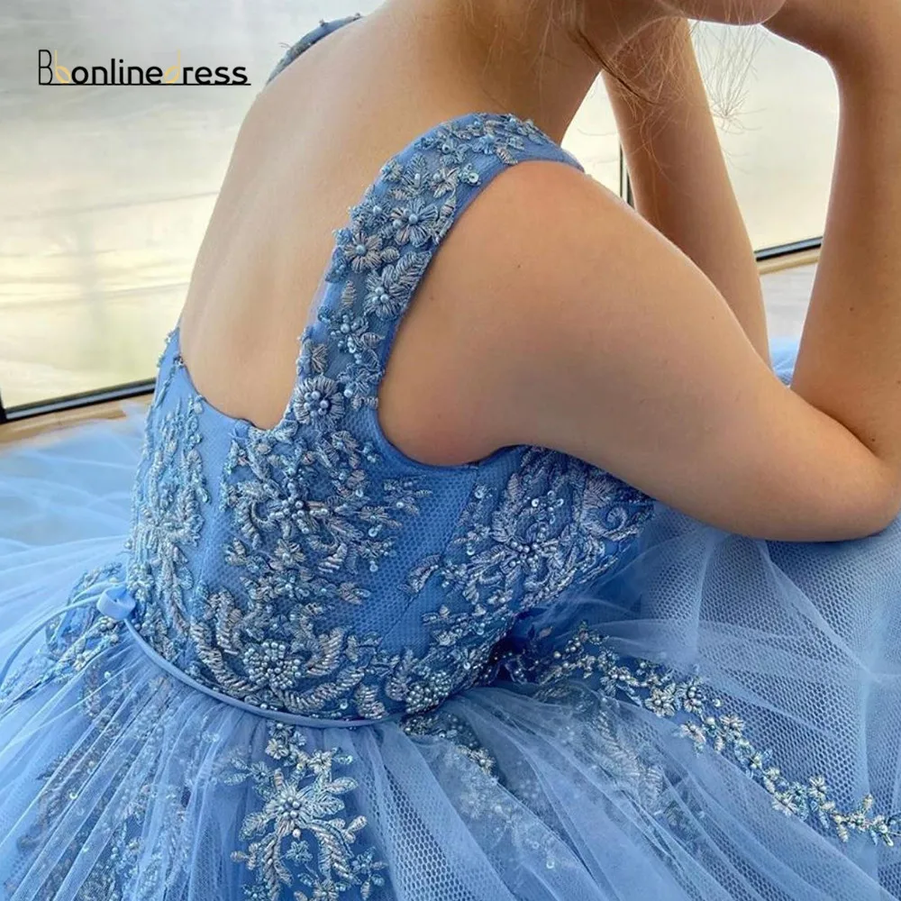 

Bbonlinedress Tulle Blue Prom Dress 2021 Spaghetti Strap Sweetheart Embroidery Beaded Long Evening Dress Robe De Soiree longue