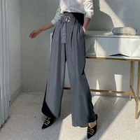 hot sale korean fashion loose wide leg pants women high waist black elegant long suit pants with belt autumn winter 2021