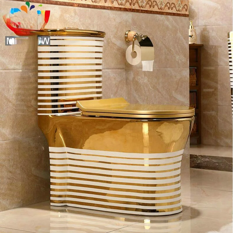 

Artystyczny złoty jednoczęściowy Closestool cyklon spłukiwanie s-trap podłoga zamontowana luksusowa willa łazienka sedes
