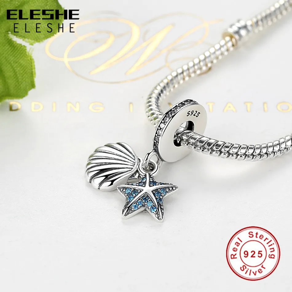 Подлинный ELESHE 925 пробы Серебряный океанская звезда Морская и ракушка шармы