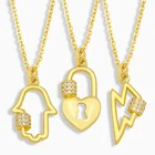 Ожерелье FLOLA с замком в форме сердца для женщин, позолоченная подвеска в виде молнии Фатимы, CZ, оптовая продажа, ювелирные изделия, подарки nkeu72