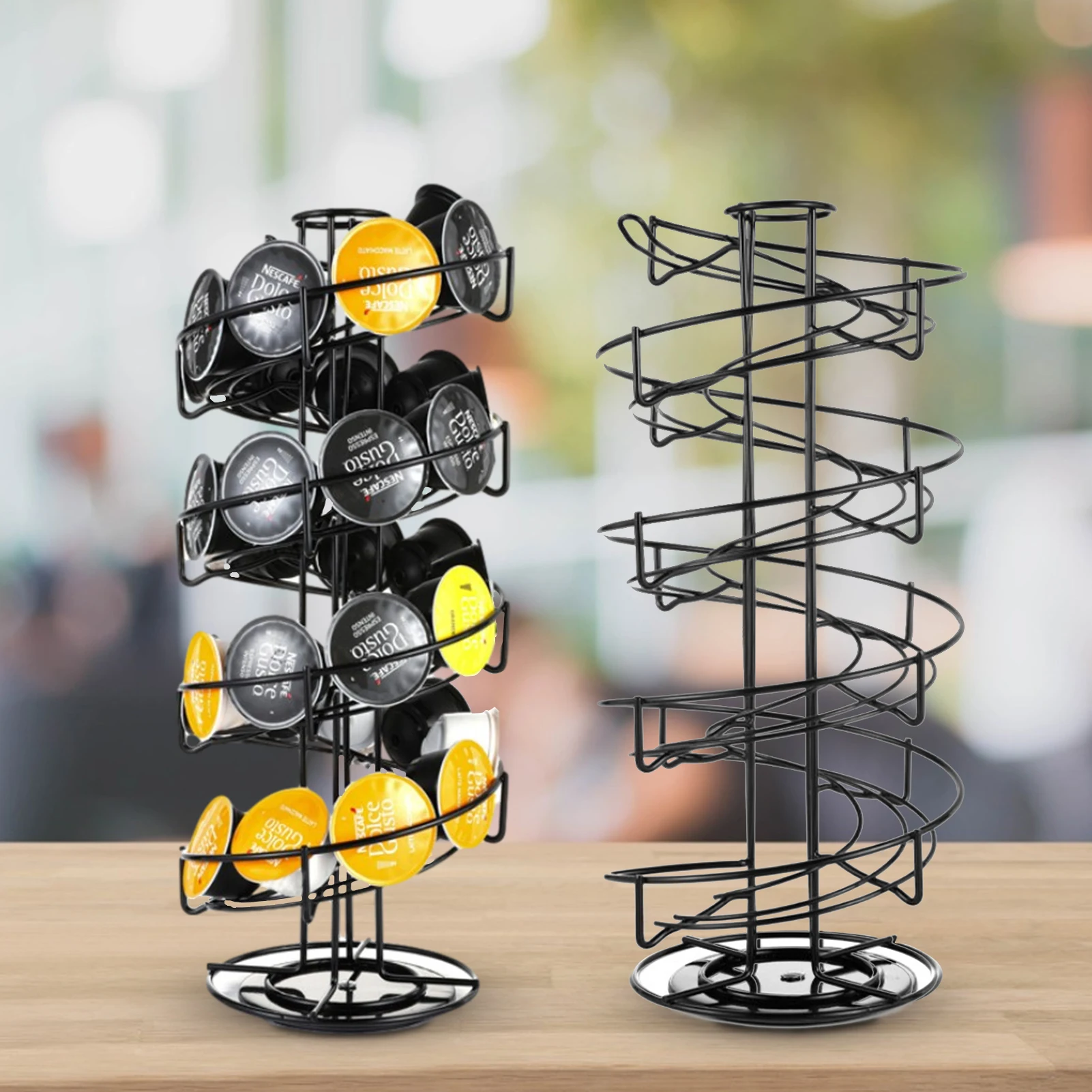 

Coffee Storage Rack 360 Degree Rotatable Spiral Black Plating Display Capsules Stainless Straight Row Coffee Pods Holder