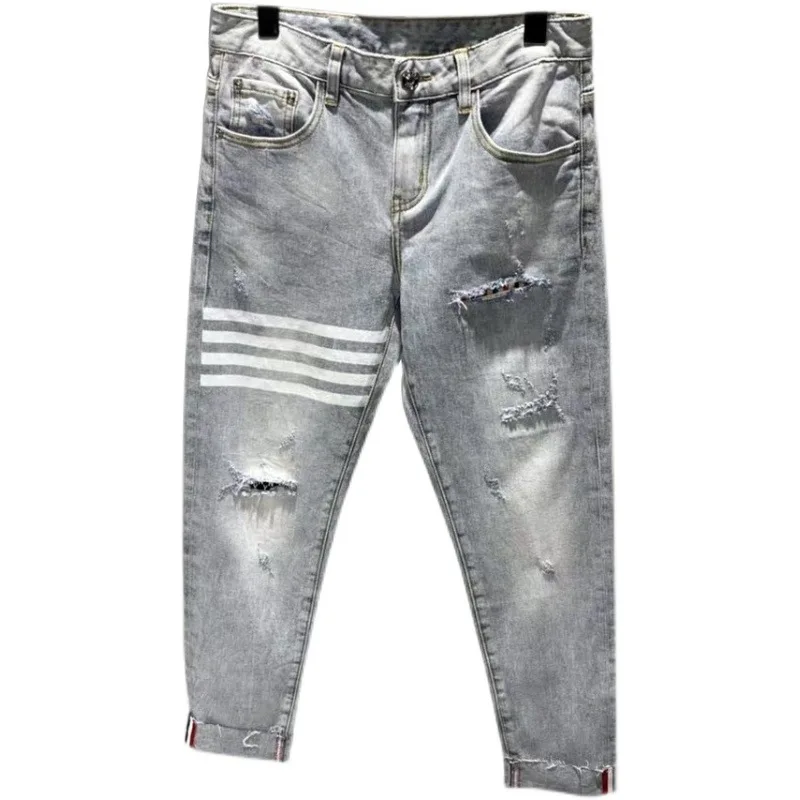 

Spring 2021 korean fashion men stretch brand jeans men's slim light blue ripped cowboy trousers new men's trousers striped pants