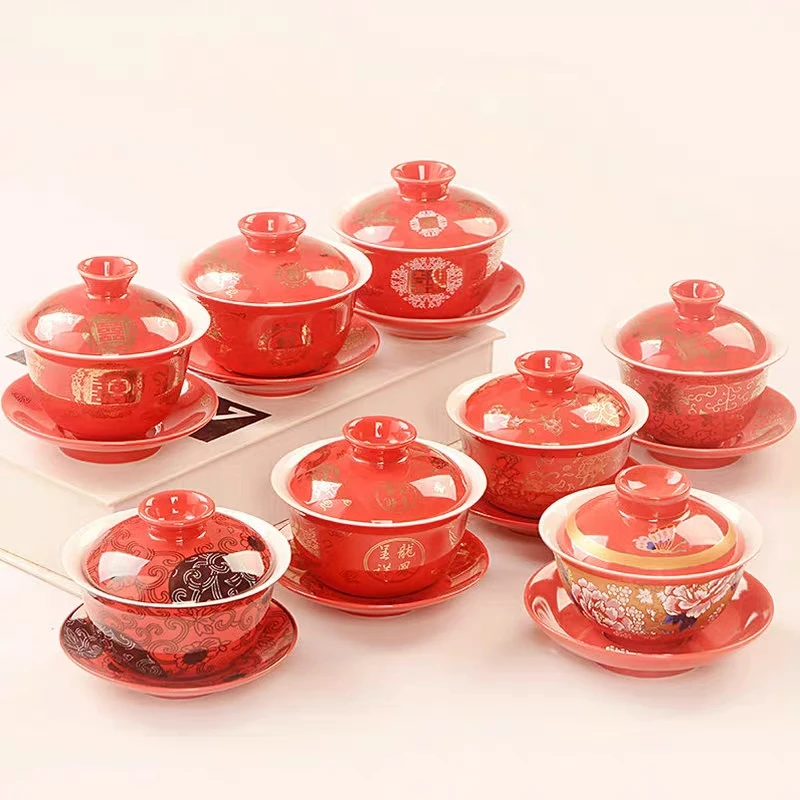 Дракон и феникс свадебный gaiwan чайная чаша китайский красный ted чайная чашка и блюдце набор