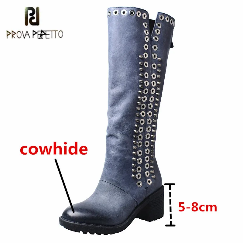 

Prova Perfetto Genuine Leather Rivet Women's Thigh High Boots Solid Color Breathable Round Toe Zipper-Sid High Heels Lady Boots