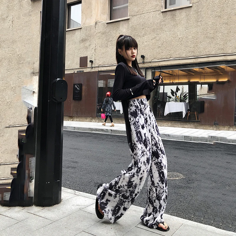 

Women's Pants 2020 New Summer Thin Wide-leg Pants High Waist Vertical Casual Ink Dyed Pleated Loose Slimming Women's Pants A49