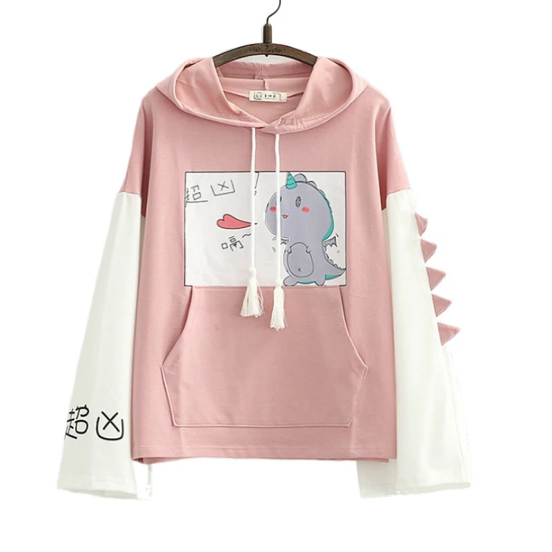 

Dinosaur Print Hooded Sweatshirt With Horn For Women 2020 Autumn Long Sleeve Harakuju Hoodies Sweet Style Cotton Tracksuits