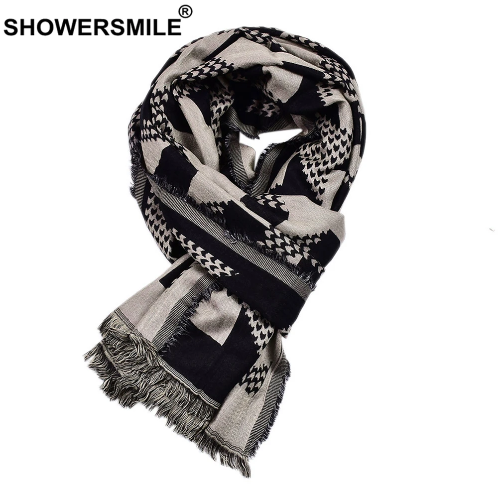 SHOWERSMILE зимний мужской шарф черный хлопковый льняной модный для мужчин с