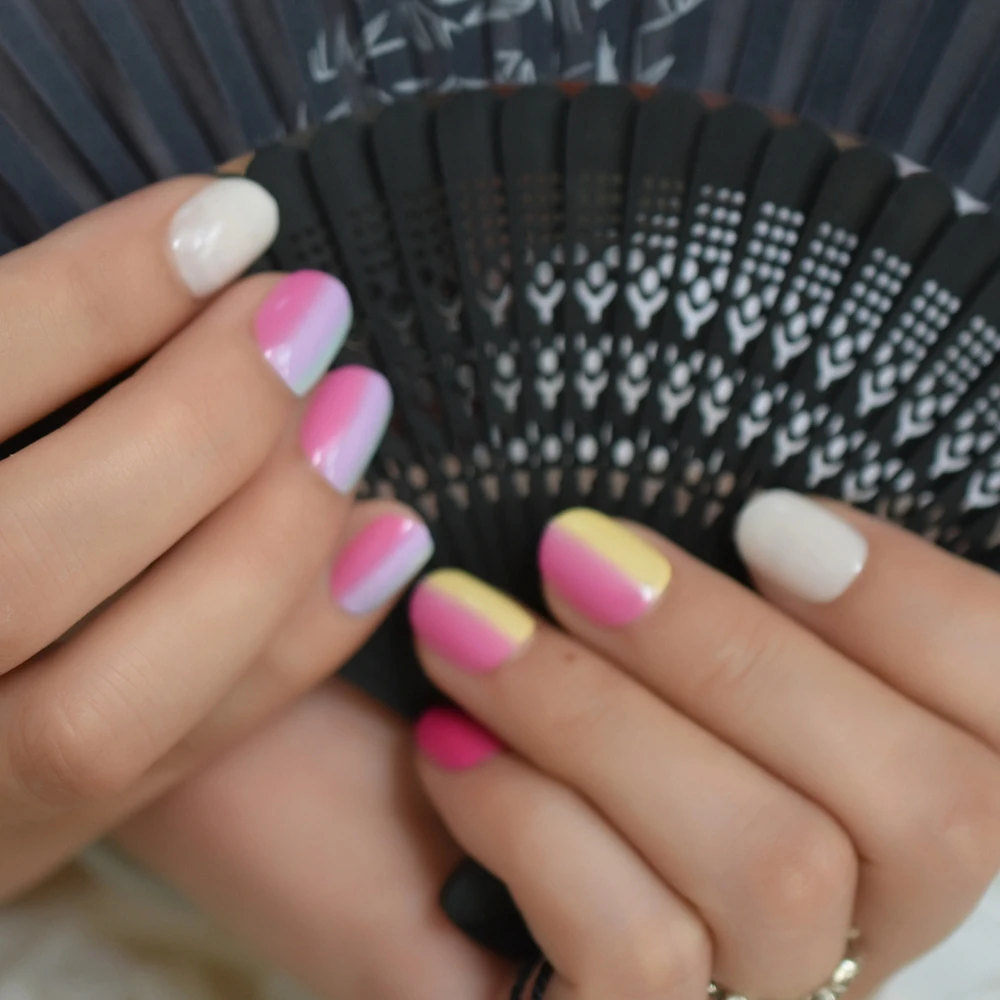 Красочные радужные короткие искусственные ногти для детской вечевечерние