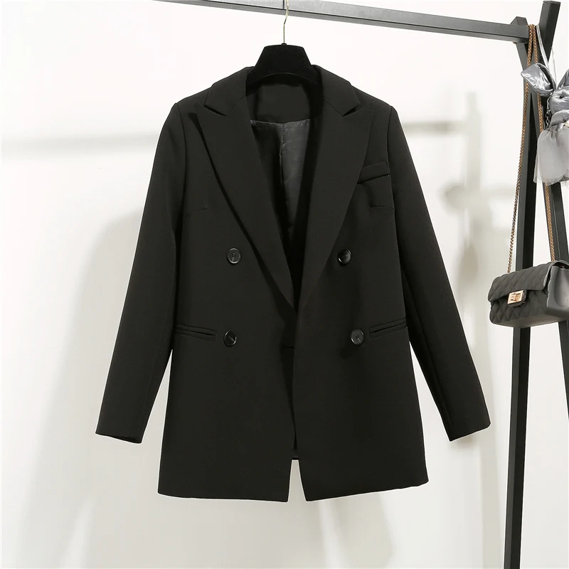 

Высококачественная модная осенне-зимняя двубортная куртка с отложным воротником, корейские свободные повседневные черные женские блейзер...