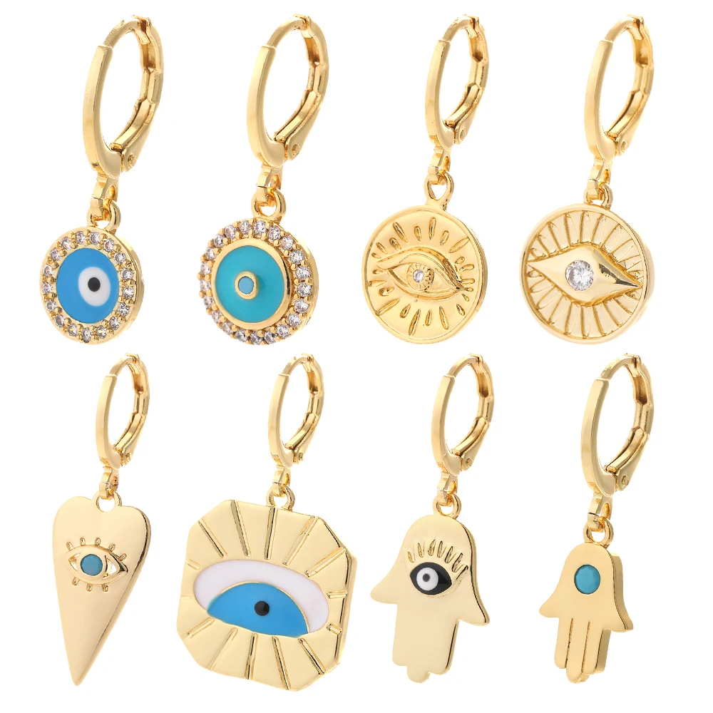 

Evil Blue Eye Rhinestone Fatima Earrings for Women 2021Trend Earrings with Pendants Hand Hollow Copper Pave Zircon Hoop Earrings