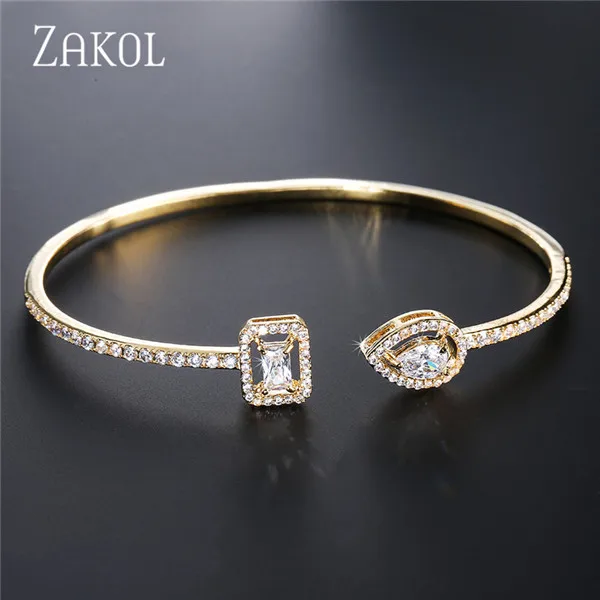 Gold Color ZAKOL Модный изысканный круглый и Капля воды микро проложить циркония браслет-кафф с кристаллами браслет для женщин платье ювелирные изделия FSBP2009 - Окраска металла: Gold Color