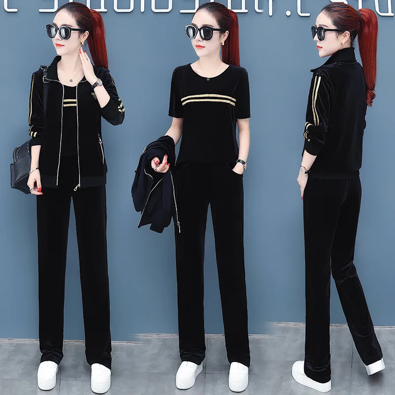 Осенний и зимний Золотой Бархатный спортивный костюм женский среднего возраста