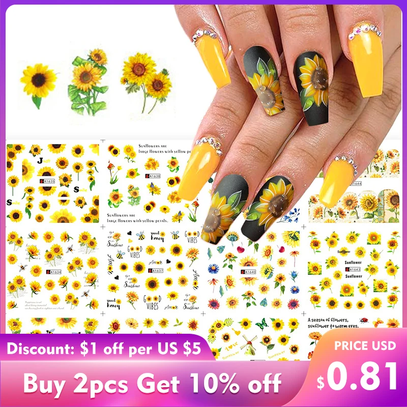 12 шт. наклейки для ногтей с подсолнухами цветные переводные Слайдеры девочек