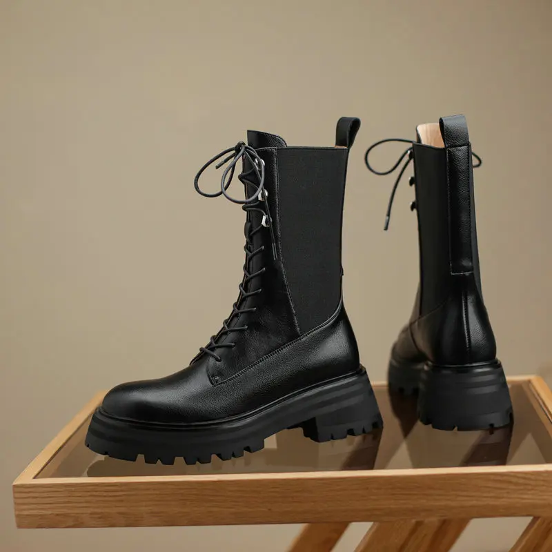 Harga ESVEVA 2022 Sepatu Bot Wanita Kulit Asli Sepatu Bot Pergelangan Kaki Sepatu Musim Dingin Chunky Ukuran 34-39