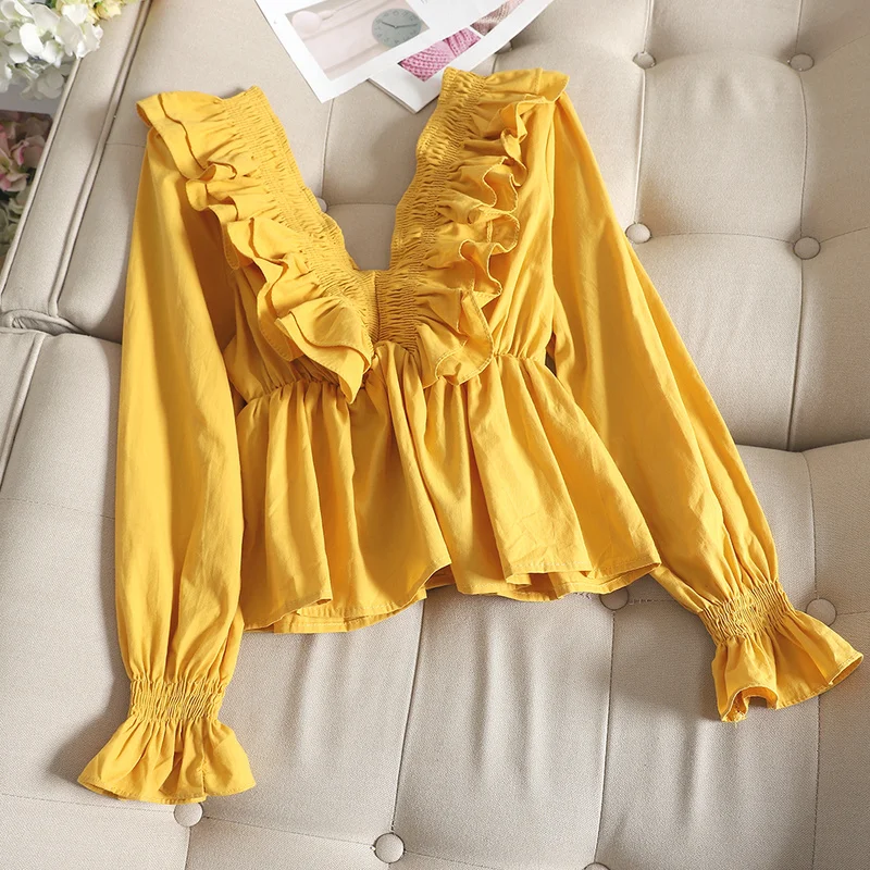 

Women Sweet Short Blouse Spring Autumn New Solid V-Neck Flare Sleeve Ruffles Slim Chic Wild Female Fashion Korean Shirt