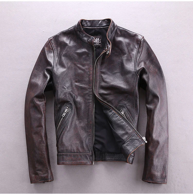 

Vintage casual genuine leather jacket men cowskin short simple motorcycle biker jacket men's slim real leather coat