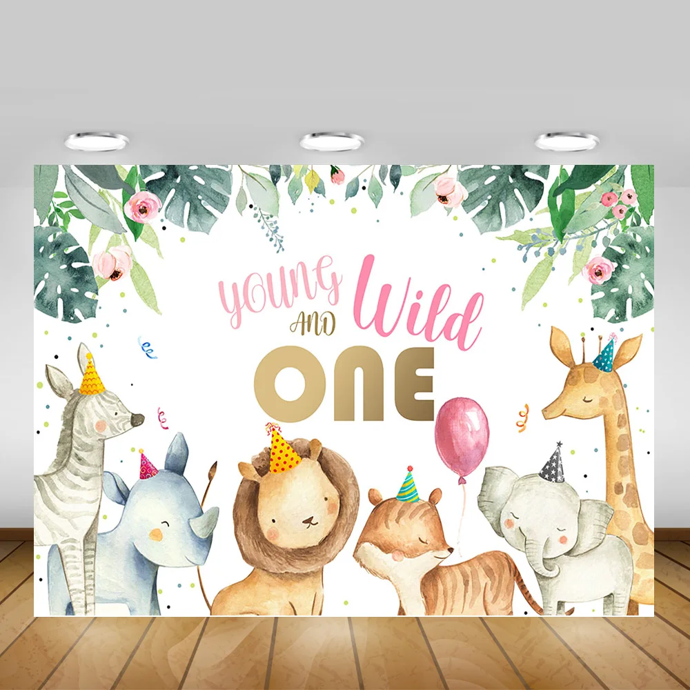 

Wild One Birthday Backdrop for Children Cartoon Animals Jungle Forest Photo Background Flowers Green Leaf Balloons Photoshoot