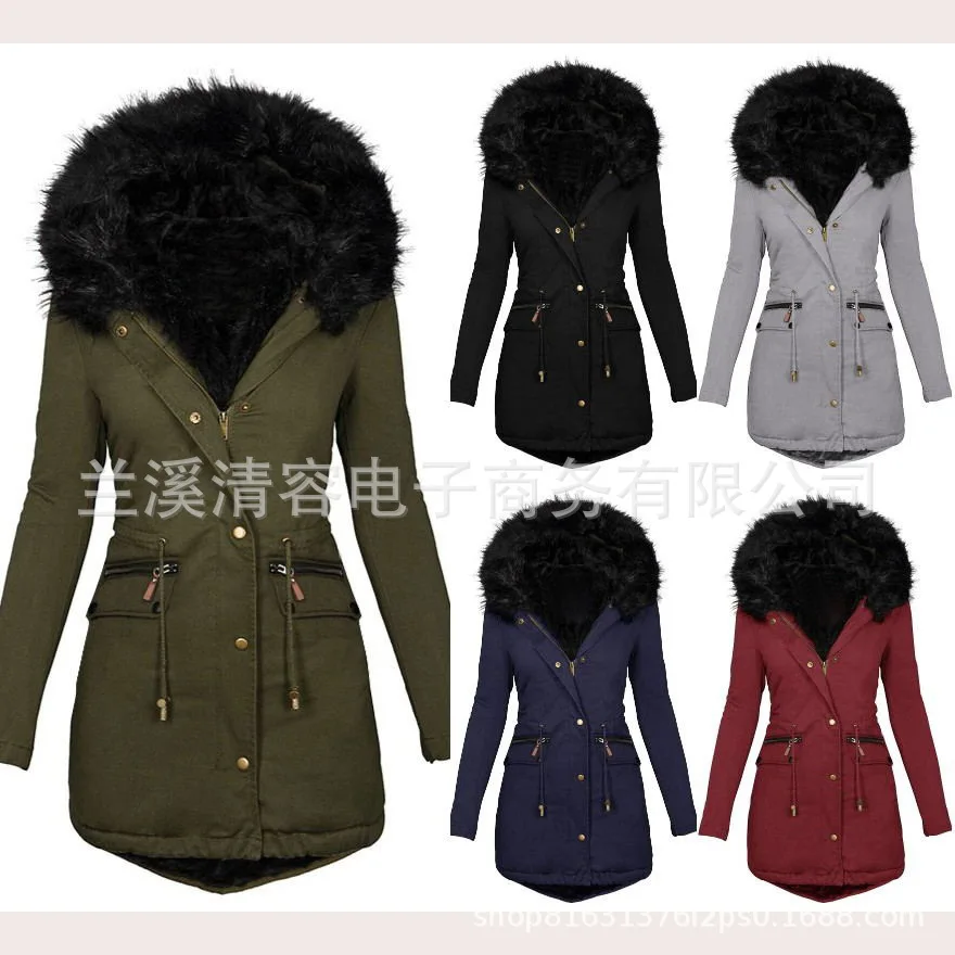 

Autumn winter women's cotton padded clothes jacket solid color wool collar hooded medium long warm coat