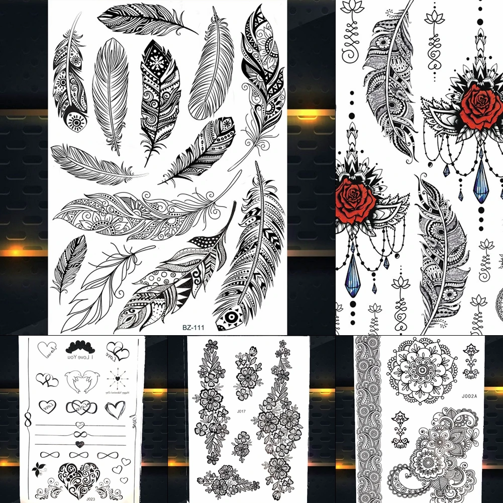 

REJASKI Feather Rose Black Henna Temporary Mehndi Tattoos For Women Sticker Fake Tatoos Chains Pendant Custom Tattoo Body Art
