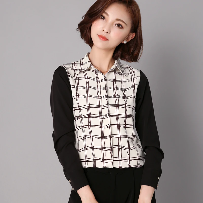 

Chiffon Loose Women's Shirts New Fashion Blouses Plaid Printing Polo Collar Autumn Casual Long Sleeve Blusas