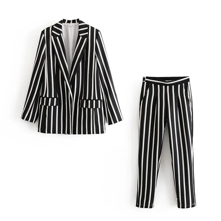 Женские Брючные костюмы Осень Новая мода длинный рукав черный белый полосатый кардиган с карманами брючные костюмы элегантный женский костюм из двух частей костюм женский брючный костюм женский брючный костюм