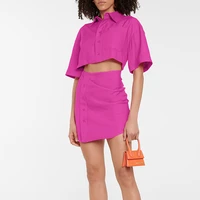 pink hollow mini shirt dress office ladies summer lapel single breasted short sleeved slim dress 2021 ladies two piece suit