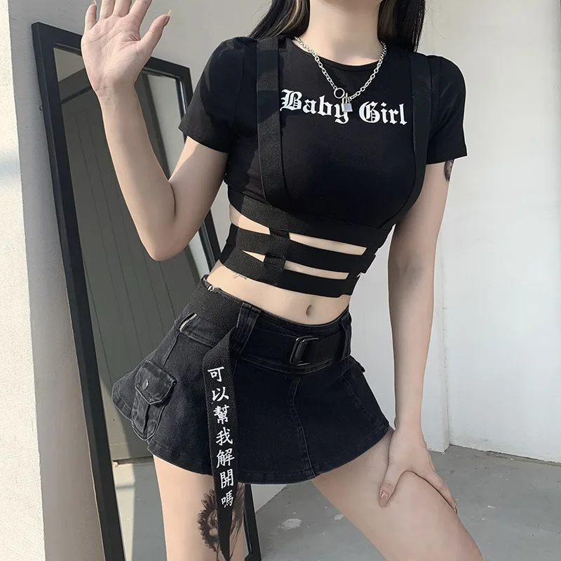 

Summer sexy slim print short-sleeved T-shirt irregular hollow bottom top