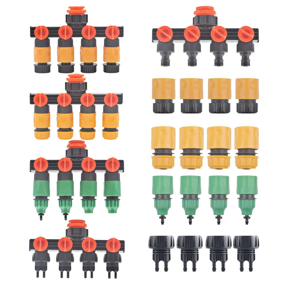 

1/2'' 3/4'' 1'' Water Tap Splitter 4-Way Outlet Garden 4/7mm 8/11mm Watering Hose Adaptor Drip Irrigation for Greenhouse