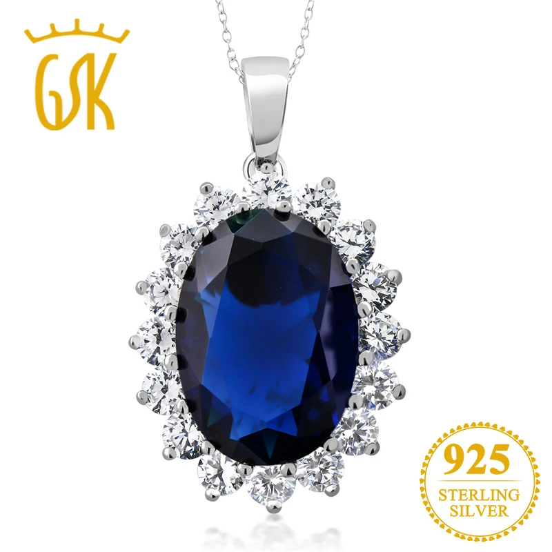GemStoneKing 13,00 карат Овальный Синий сапфир 925 пробы Серебряный женский кулон ожерелье
