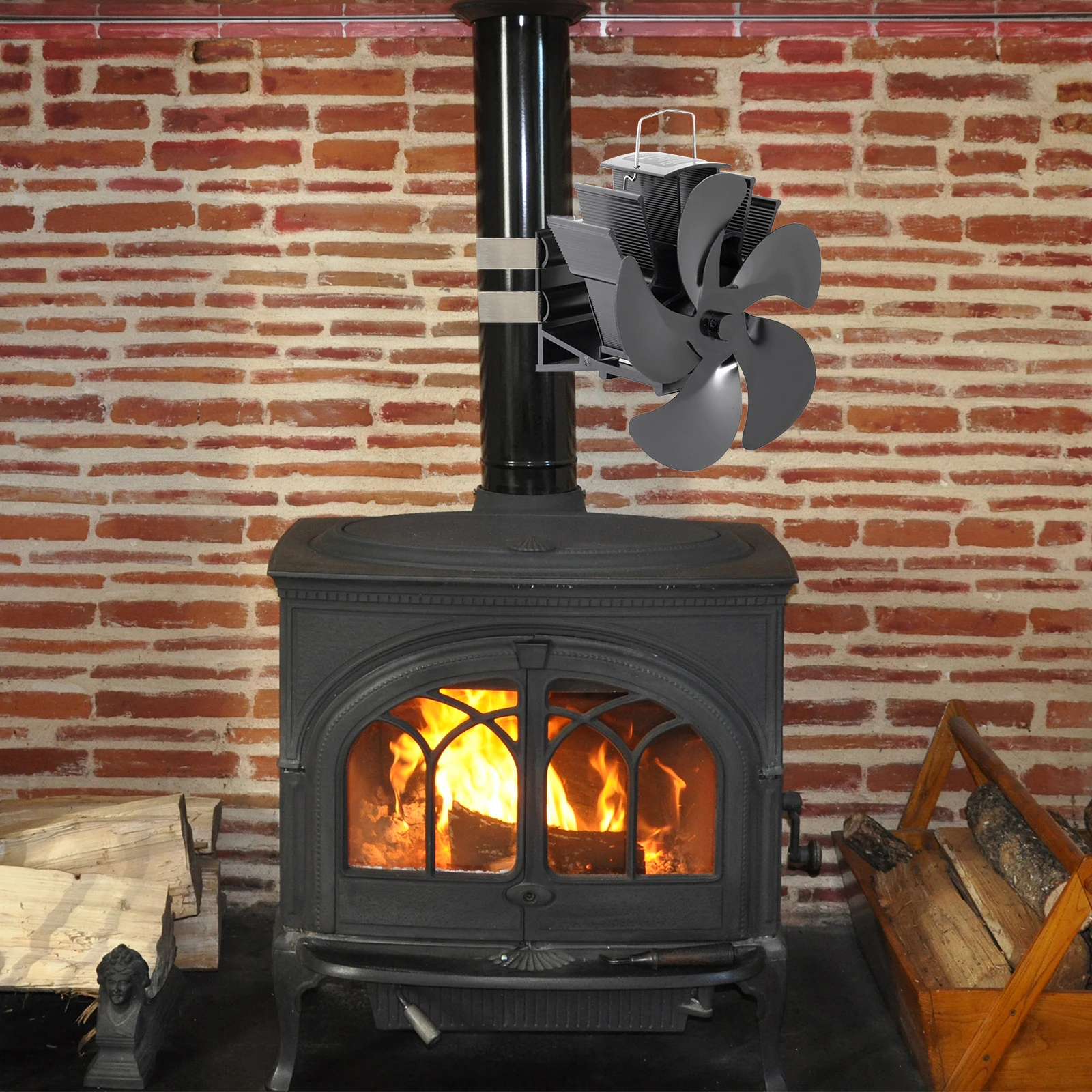 

5 Blad Fireplace Fan Wall Hanging Heat Powered Stove Fan with 2 Coils Silent Eco-Friendly for Wood Burning Multi-fuel Chimneys