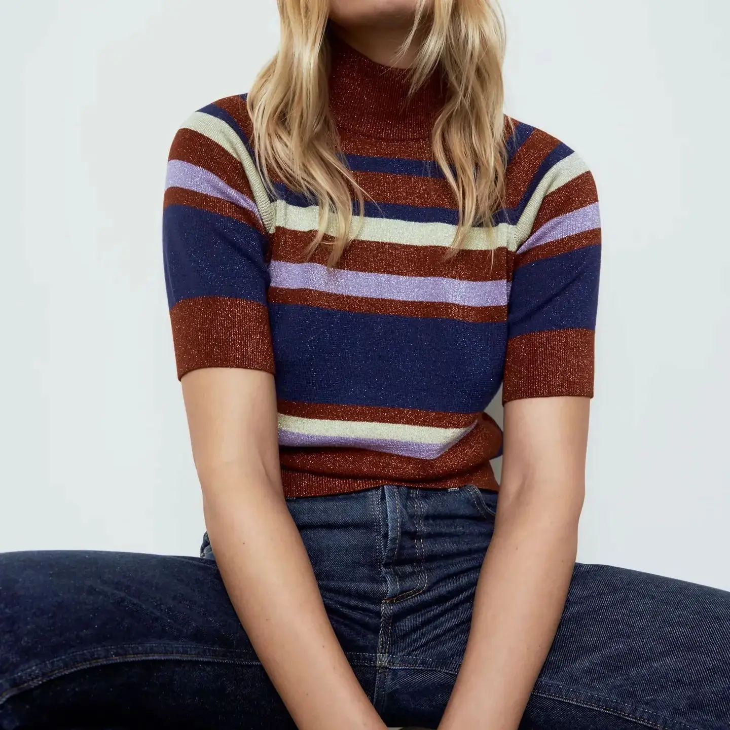 

XNWMNZ za Women 2021 Fashion Striped Knitted Sweater Vintage High Neck Short Sleeve Female Pullovers Streetwear Chic Tops