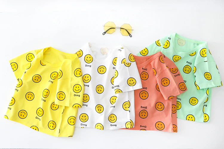 Одежда для мальчиков и девочек Футболка со смайликом синяя короткая одежда детей