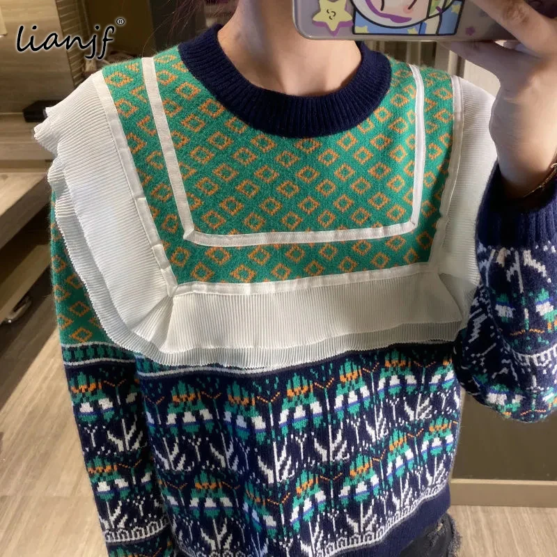 Свитер женский осенний с круглым вырезом и длинными рукавами принтом в Корейском