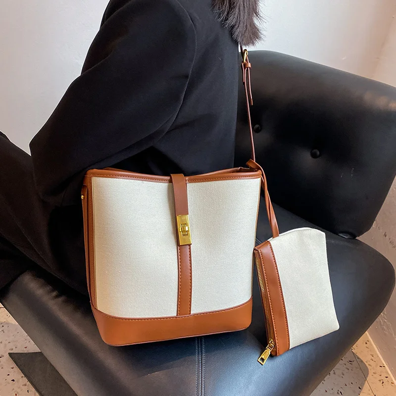 

Korean panelled women Bucket Shoulder bags Large Capacity Canvas female handbag and purses large Capacity ladies Crossbody Bag