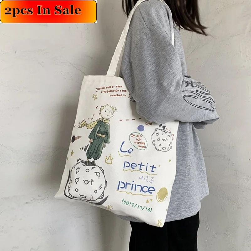 

Hot Sell Women's Shopping Bags 2pcs In Sale Fashion Women's Tote Bag New Canvas Bags With Cute Design Cartoon Printing For Women