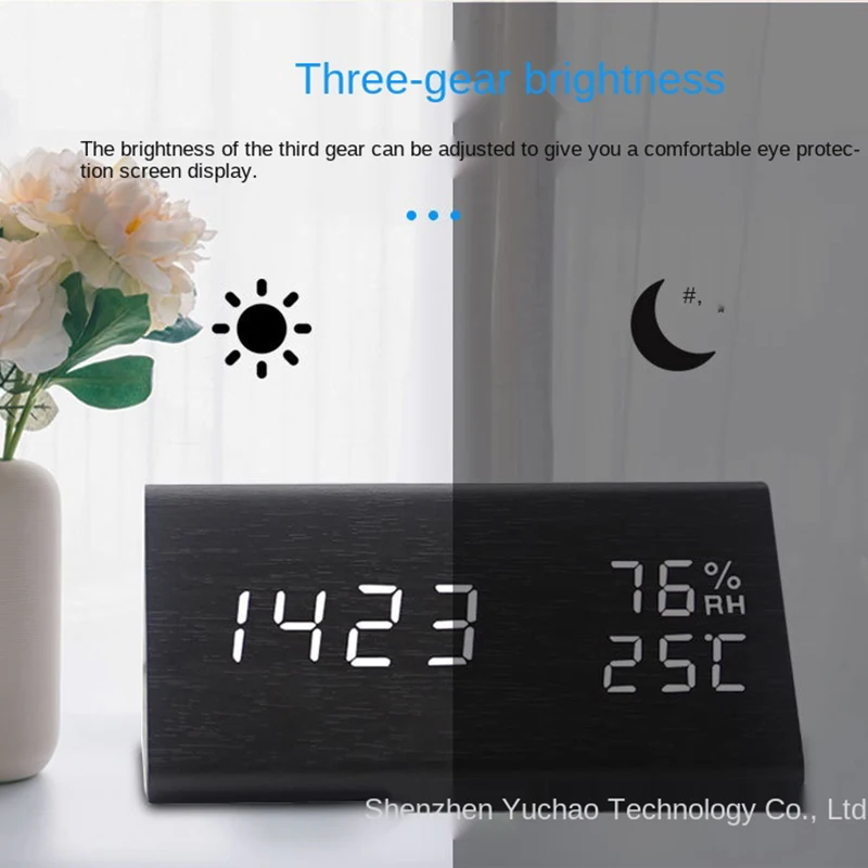 

Creative voice control desktop night light digital electronic alarm clock, led wood clock, triangle temperature and humidity