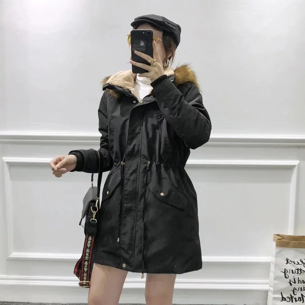 

female jacket model thickening warm winter collars hooded draw string waist warm tooling sent to overcome 1352