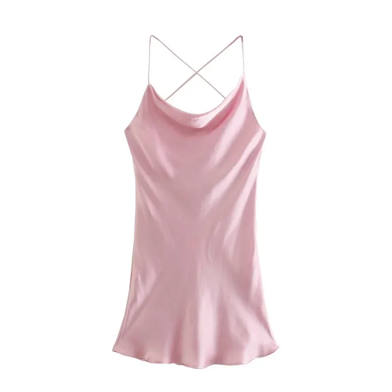 

Za Dress Women'S Pink Satin Short Dress Summer Woman 2021 Open Back Spaghetti Strap Sexy Dress Ladies Club Evening Dress y2k