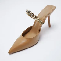 2021 new womens chain belt mules shoes brown stiletto elegant pointed toe mary janes for female plus size