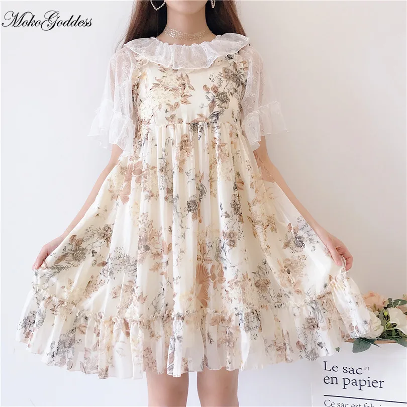 

Women's Dresses Chic Lady Kawaii floral Cute Strap Dress Female Ins Vintage Harajuku Dress For Women Casual
