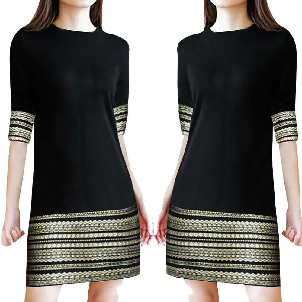 

Fashion Womens Casual Vintage Elegant Splice Middle Sleeve Easy Mini Dress