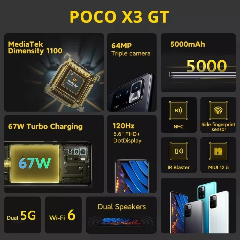 Смартфон глобальная версия POCO X3 GT телефон с NFC 128 ГБ/256 ГБ Восьмиядерный процессор