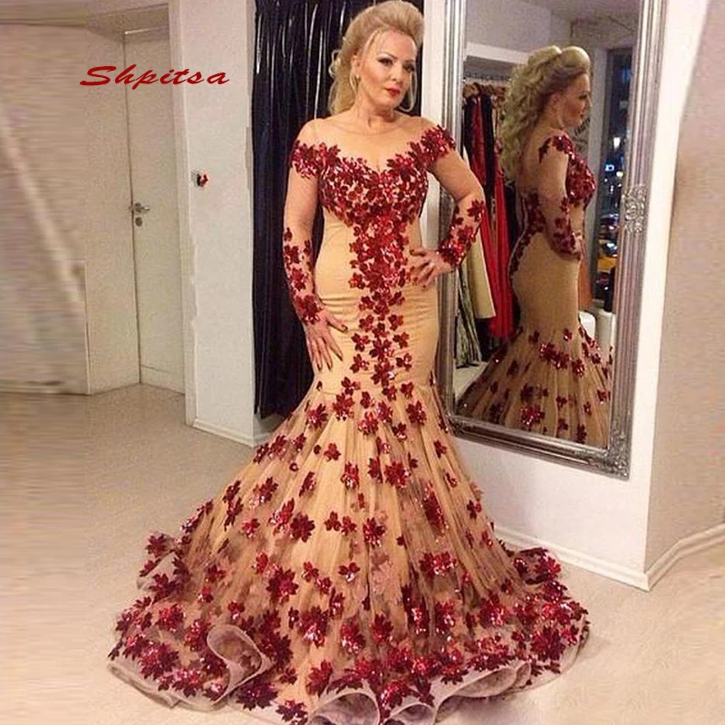 

Luxury Long Sleeve Evening Dresses Party Sexy Plus Size Ladies Women Mermaid Flowers Prom Formal Dresses Evening Gown