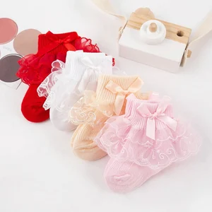 Милые Кружевные Носки для маленьких девочек; Сезон весна-лето хлопковые носки с оборками и бантом вечерние аксессуары для маленьких принцесс