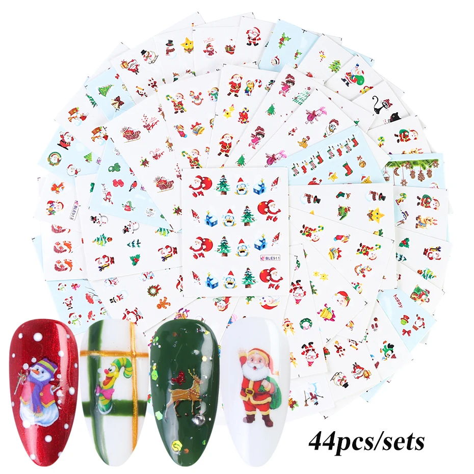 NJ004 44pcs 44 шт рождественские наклейки для дизайна ногтей, водная зимняя слайдер, наклейка Санта-лось, кошка, снежинка, фольги для маникюра, год, Набор для творчества, CHNJ004-1 - Цвет: NJ004 44pcs