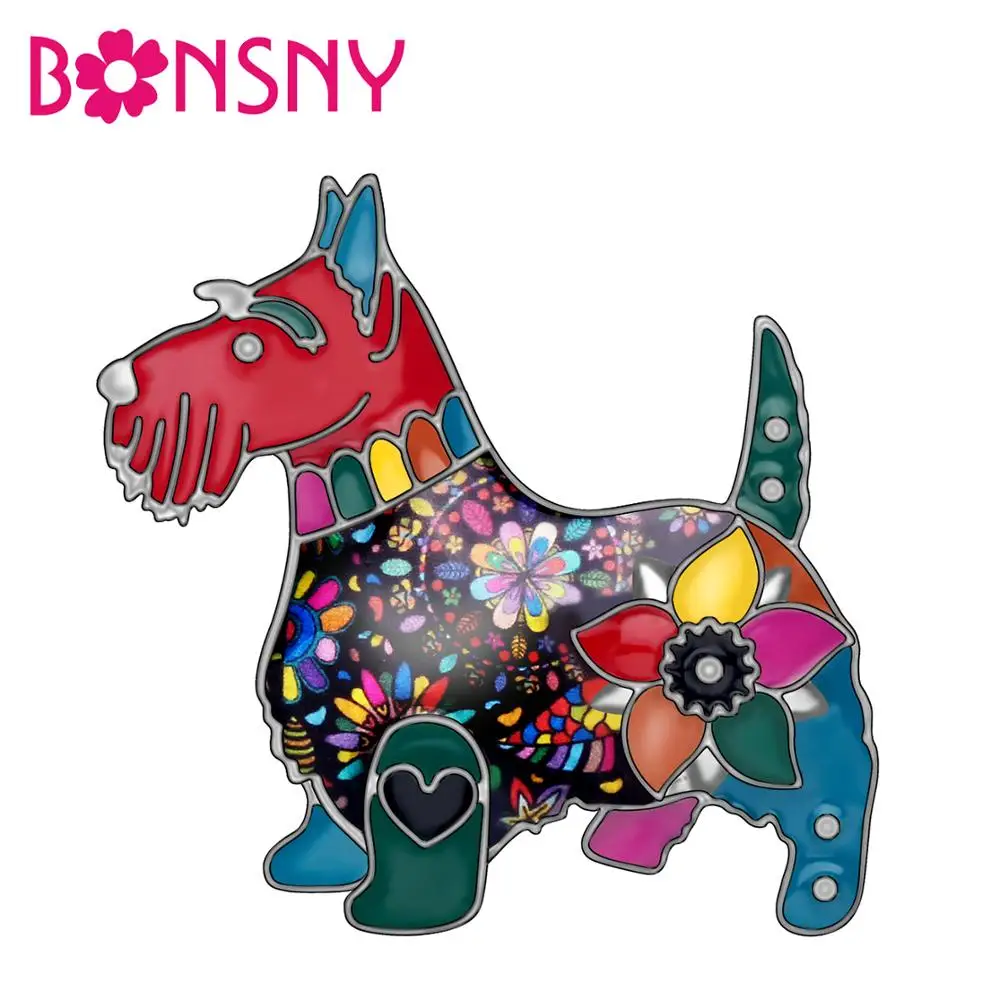

Bonsny Alloy Enamel Floral Schnauzer Dog Brooches Clothes Scarf Pin Animal Pets Jewelry Pin For Women Girls Gifts 2019 Hot Sales