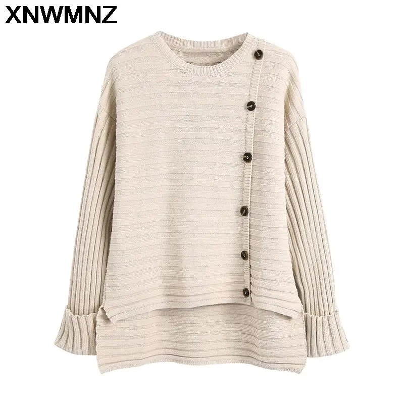 

XNWMNZ ZA Autumn Winter Women Knitted Sweater 2021 New Solid Round Neck Warm Pullover Loose Long Sleeve Buttoned Ribbed Sweater