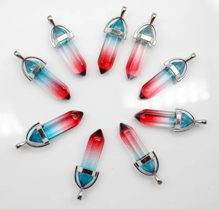 

Wholesale 16pcs Color mixing glass Hexagonal pillar Point charm pendants for jewelry pendants making Necklaces Accessories
